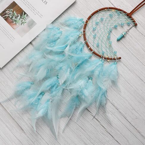 Dremisland Moon Dream Catcher with Fairy Lights-Handmade Feather Lucky Turquoise Pendant Beads Wall Hanging Ornament for Kids Bedroom Home Decoration,Art Craft Gift. (Sky Blue) in Saudi Arabia
