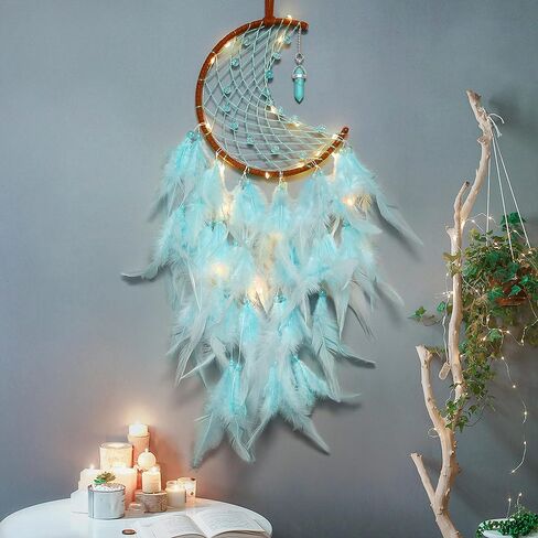 Dremisland Moon Dream Catcher with Fairy Lights-Handmade Feather Lucky Turquoise Pendant Beads Wall Hanging Ornament for Kids Bedroom Home Decoration,Art Craft Gift. (Sky Blue) in Saudi Arabia