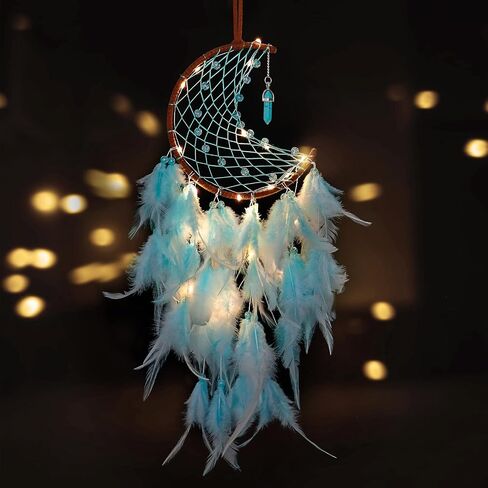 Dremisland Moon Dream Catcher with Fairy Lights-Handmade Feather Lucky Turquoise Pendant Beads Wall Hanging Ornament for Kids Bedroom Home Decoration,Art Craft Gift. (Sky Blue) in Saudi Arabia