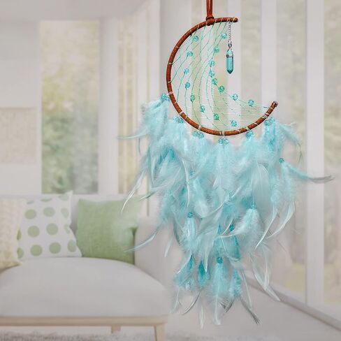 Dremisland Moon Dream Catcher with Fairy Lights-Handmade Feather Lucky Turquoise Pendant Beads Wall Hanging Ornament for Kids Bedroom Home Decoration,Art Craft Gift. (Sky Blue) in Saudi Arabia