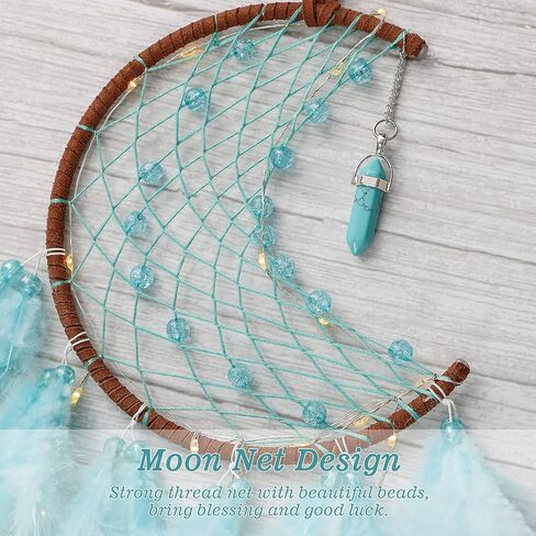 Dremisland Moon Dream Catcher with Fairy Lights-Handmade Feather Lucky Turquoise Pendant Beads Wall Hanging Ornament for Kids Bedroom Home Decoration,Art Craft Gift. (Sky Blue) in Saudi Arabia