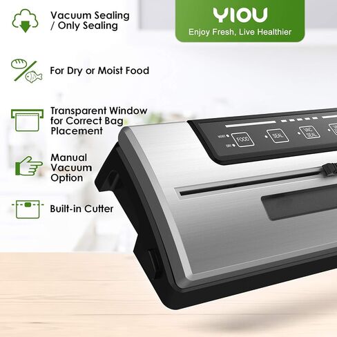 Vacuum Sealer Machine, YIOU Automatic Vacuum Machine 80Kpa for Food Preservation with Built-in Cutter w/Starter Kit|Led Indicator Lights|Easy to Clean|Dry & Moist Food Modes Silver in Kuwait