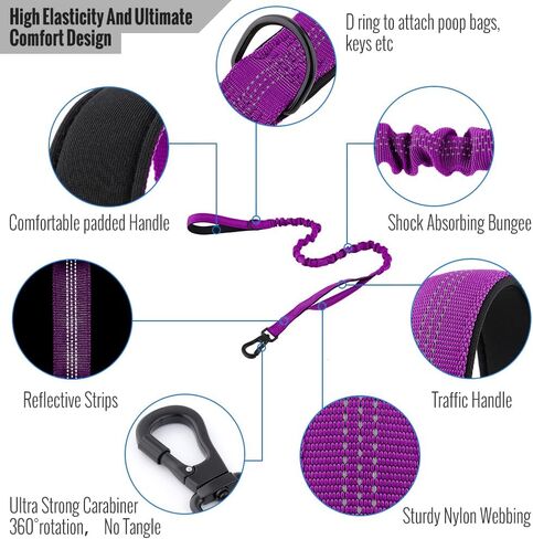 مقود الكلاب التكتيكي من بلوتوس مع مشبك حلقة تسلق، نايلون عاكس مع مقبضين مبطنين، مقود بنجي للكلاب للسلالات المتوسطة والكبيرة، أسود in Kuwait