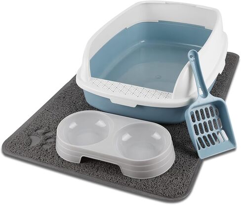 Cat Litter Box with Lid for Kitten Under 6 Months, 4 PCS Low Entry Kitty Starter Kit with High Sided Shield Cover, Kitty Supplies Includes Litter Mat, Poop Scooper, Feeding Bowl, Small Blue in Kuwait