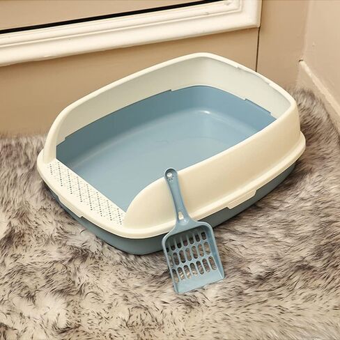 Cat Litter Box with Lid for Kitten Under 6 Months, 4 PCS Low Entry Kitty Starter Kit with High Sided Shield Cover, Kitty Supplies Includes Litter Mat, Poop Scooper, Feeding Bowl, Small Blue in Kuwait