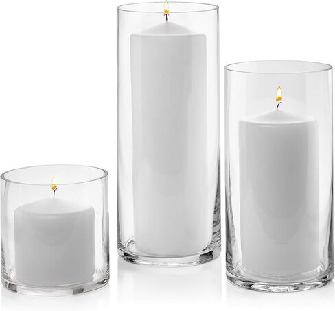 مجموعة من 3 مزهريات اسطوانية زجاجية بطول 5 و8 و10 انش - متعددة الاستخدامات: شمعة عمودية أو حوامل شموع عائمة أو مزهرية زهور - مثالية كقطع مركزية لحفلات الزفاف. in Kuwait