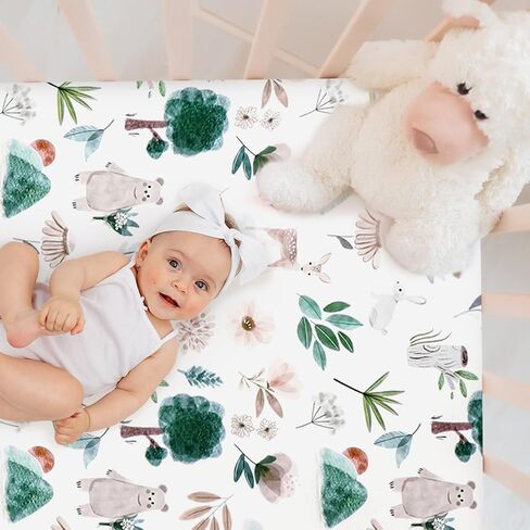 ملاءات سرير للأطفال البنات والأولاد، ملاءة سرير مناسبة مكونة من قطعتين، ناعمة ومسامية، ملاءة سرير أطفال بزهور خضراء مقاس 52 × 28 بوصة لسرير الأطفال القياسي، وودلاند in Kuwait