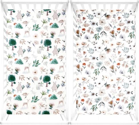 ملاءات سرير للأطفال البنات والأولاد، ملاءة سرير مناسبة مكونة من قطعتين، ناعمة ومسامية، ملاءة سرير أطفال بزهور خضراء مقاس 52 × 28 بوصة لسرير الأطفال القياسي، وودلاند in Kuwait