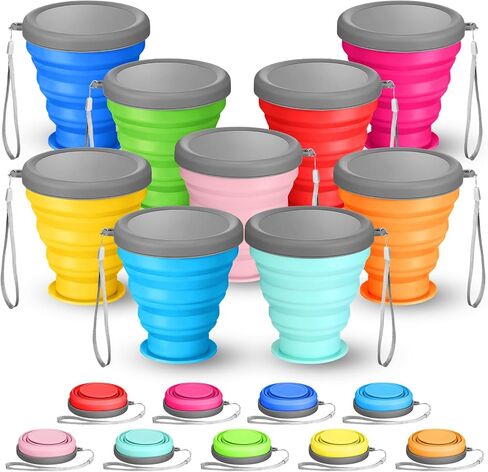 Umigy 9 Pcs 6.8 Oz/ 200 ml Silicone Collapsible Cup with Lid Collapsible Water Bottles Reusable Small Collapsible Travel Cup Portable Drinking Folding Camping Coffee Mugs for Hiking Outdoor Sports in Saudi Arabia