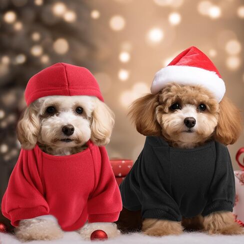 Shinylin 2 قطعة سترة الشتاء الصغيرة للكلاب الدافئة الناعمة البوليستر عيد الميلاد الكلب هوديي ملابس الحيوانات الأليفة جرو البلوز مع القلنسوات والجيوب للكلاب والقطط الشتوية، أحمر وأسود in Kuwait