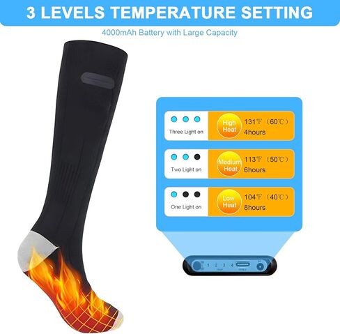 جوارب حرارية للرجال والنساء، جوارب حرارية ببطارية كهربائية قابلة لإعادة الشحن بقدرة 4000 مللي أمبير في الساعة، جهاز تدفئة القدمين قابل للغسل في الشتاء مع 3 إعدادات للحرارة للتخييم والتزلج والمشي لمسافات طويلة والصيد والرياضات الشتوية الخارجية والداخلية in Kuwait