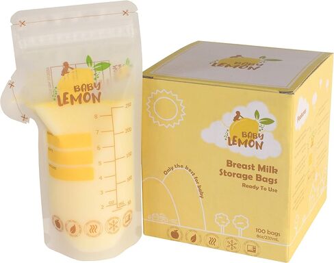 Baby Lemon Breast Milk Storage Bags with Spout - 8 oz, 100 Bags, Extra Thick, Leak Proof, Pre-sterilized, Ready to Use, BPA Free, Easy Write Material in Saudi Arabia