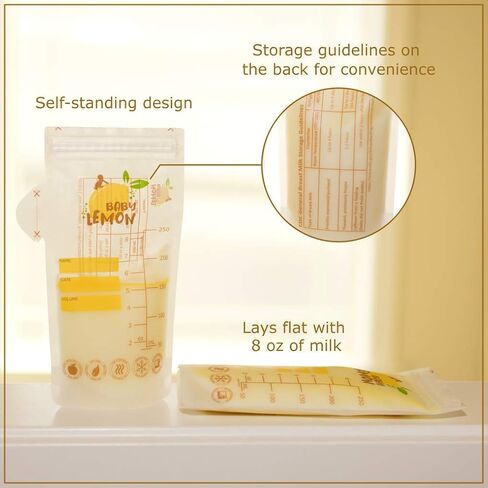 Baby Lemon Breast Milk Storage Bags with Spout - 8 oz, 100 Bags, Extra Thick, Leak Proof, Pre-sterilized, Ready to Use, BPA Free, Easy Write Material in Saudi Arabia