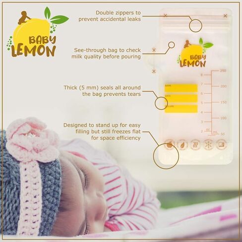 Baby Lemon Breast Milk Storage Bags with Spout - 8 oz, 100 Bags, Extra Thick, Leak Proof, Pre-sterilized, Ready to Use, BPA Free, Easy Write Material in Saudi Arabia