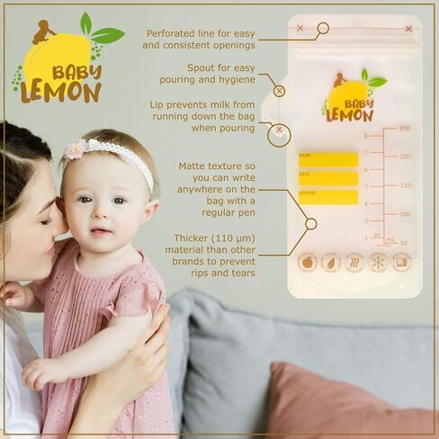 Baby Lemon Breast Milk Storage Bags with Spout - 8 oz, 100 Bags, Extra Thick, Leak Proof, Pre-sterilized, Ready to Use, BPA Free, Easy Write Material in Saudi Arabia