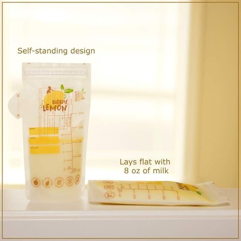 Baby Lemon Breast Milk Storage Bags with Spout - 8 oz, 100 Bags, Extra Thick, Leak Proof, Pre-sterilized, Ready to Use, BPA Free, Easy Write Material in Saudi Arabia