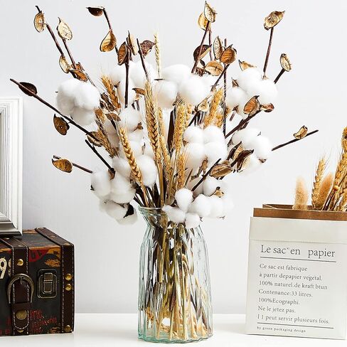 Tallew 24 Pieces Farmhouse Cotton Flowers Artificial Cotton Stems Dried Wheat Bouquet Fake Cotton Decor with Head for Graduation Bouquet Table Home Kitchen Wedding Office Decor in Saudi Arabia