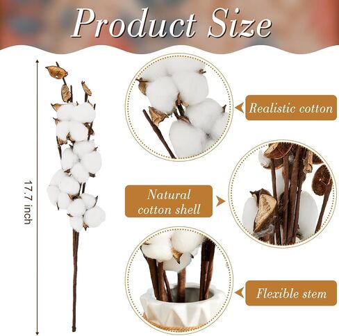 Tallew 24 Pieces Farmhouse Cotton Flowers Artificial Cotton Stems Dried Wheat Bouquet Fake Cotton Decor with Head for Graduation Bouquet Table Home Kitchen Wedding Office Decor in Saudi Arabia