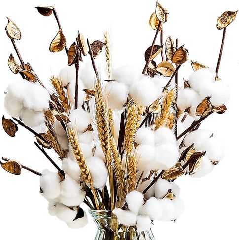 Tallew 24 Pieces Farmhouse Cotton Flowers Artificial Cotton Stems Dried Wheat Bouquet Fake Cotton Decor with Head for Graduation Bouquet Table Home Kitchen Wedding Office Decor in Saudi Arabia