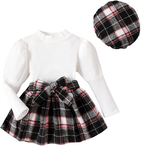 PATPAT Toddler Girl 2 Piece Skirt Set Mock Neck Long Sleeve White Shirt and Plaid Pleated Skirt Sets Fall Outfit in Saudi Arabia