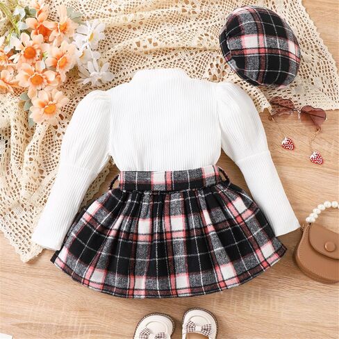 PATPAT Toddler Girl 2 Piece Skirt Set Mock Neck Long Sleeve White Shirt and Plaid Pleated Skirt Sets Fall Outfit in Saudi Arabia