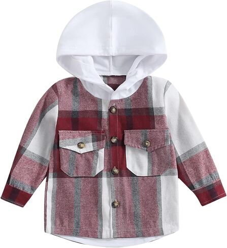 VISGOGO Toddler Baby Boys Girl Shirt Coat Plaid Long Sleeve Hooded Single Breasted Jacket Tops with Pockets in Saudi Arabia