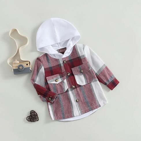 VISGOGO Toddler Baby Boys Girl Shirt Coat Plaid Long Sleeve Hooded Single Breasted Jacket Tops with Pockets in Saudi Arabia