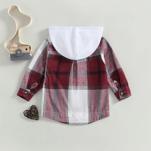 VISGOGO Toddler Baby Boys Girl Shirt Coat Plaid Long Sleeve Hooded Single Breasted Jacket Tops with Pockets in Saudi Arabia