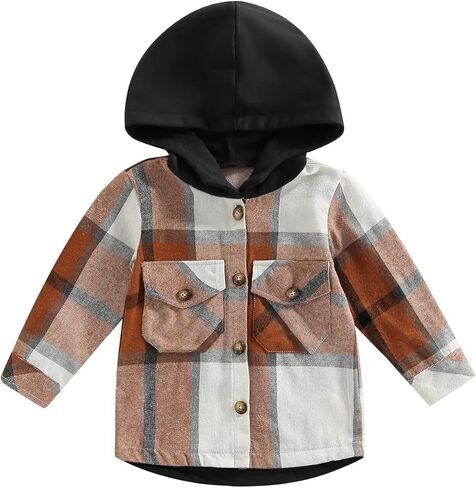VISGOGO Toddler Baby Boys Girl Shirt Coat Plaid Long Sleeve Hooded Single Breasted Jacket Tops with Pockets in Saudi Arabia