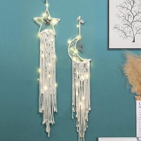 صائد الأحلام من قطعتين من JYHF لتزيين الغرفة، صائد أحلام ونجوم وقمر يدوي الصنع مع أضواء، معلّق على الحائط من القطن المنسوج البوهيمي لتزيين غرفة النوم المنزلية وحلية هدية in Kuwait