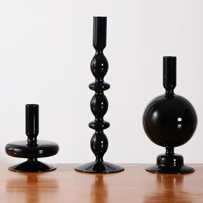 Foosibo Candlestick Holders, Glass Taper Candle Holders, Candle Holders for Table Centerpiece, 3 Pack Decorative Candlestick Holder for Wedding, Dinning, Party - Fits 1inch Candle (Black)