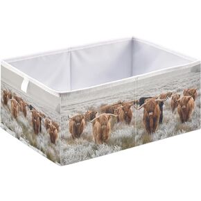 linqin Scottish Highland Cow Print Rectangle Storage Basket, Foldable Open Storage Bins Baby Nursery Toy Organizing with Handles for Shelves Closet Home Decor