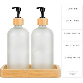 Emerson Soap Dispensers with Stainless Steel Pumps, Bamboo Wood Tray | Kitchen Sink Dish Soap and Bathroom Hand Wash Glass Bottle Set | 5 Waterproof Labels 16 Oz, Set of 2 (Amber Frost/Bamboo Blk)