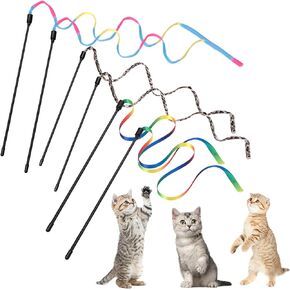 Cobee 3 Packs Cat Wand Toy Set, 30cm Cat Interactive Wand with 60cm Rainbow Ribbon String+ Rainbow Cloth String + Leopard Print Cloth String for Pet Kitten Training Exerciser Indoor Kitten Catcher