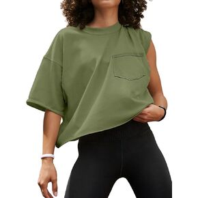 تي شيرت نسائي كبير الحجم من ATHMILE بأكمام قصيرة تي شيرت قصير للتمرين بكتف منسدل غير رسمي بحاشية دوارة أساسية فضفاضة in Kuwait