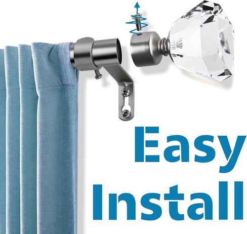 Curtain Rods for Windows 66 to 120, Silver Curtain Rods with Acrylic Diamond Crystal Finials, Brushed Nickel Curtain Rod, Decorative Curtain Rod, Adjustable Curtain Rod. in Kuwait