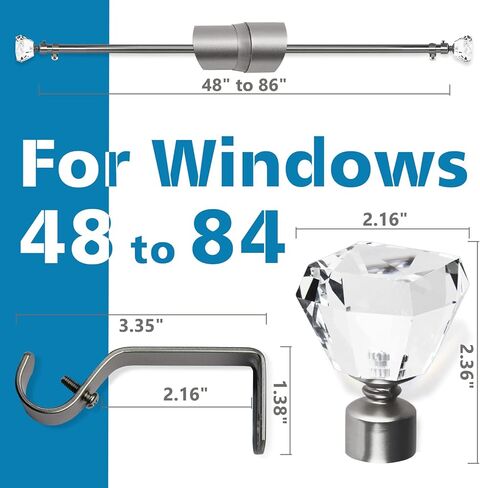 Curtain Rods for Windows 66 to 120, Silver Curtain Rods with Acrylic Diamond Crystal Finials, Brushed Nickel Curtain Rod, Decorative Curtain Rod, Adjustable Curtain Rod. in Kuwait