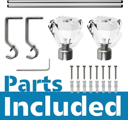 Curtain Rods for Windows 66 to 120, Silver Curtain Rods with Acrylic Diamond Crystal Finials, Brushed Nickel Curtain Rod, Decorative Curtain Rod, Adjustable Curtain Rod. in Kuwait