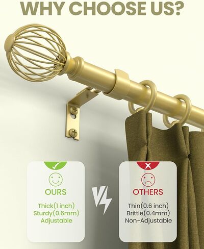 قضبان ستائر Box Space للنوافذ من 66 إلى 120 بوصة، طول قابل للتعديل بقطر 1 بوصة قضيب ستارة نافذة مزخرف مع تيجان معدنية وأقواس - ذهبي in Kuwait