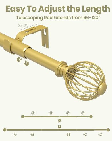 قضبان ستائر Box Space للنوافذ من 66 إلى 120 بوصة، طول قابل للتعديل بقطر 1 بوصة قضيب ستارة نافذة مزخرف مع تيجان معدنية وأقواس - ذهبي in Kuwait