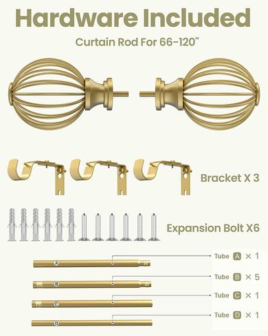 قضبان ستائر Box Space للنوافذ من 66 إلى 120 بوصة، طول قابل للتعديل بقطر 1 بوصة قضيب ستارة نافذة مزخرف مع تيجان معدنية وأقواس - ذهبي in Kuwait