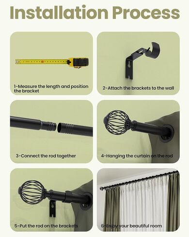 قضبان ستائر Box Space للنوافذ من 66 إلى 120 بوصة، طول قابل للتعديل بقطر 1 بوصة قضيب ستارة نافذة مزخرف مع تيجان معدنية وأقواس - ذهبي in Kuwait