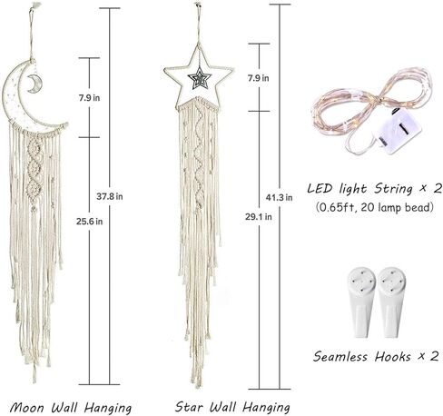 صائد الأحلام من قطعتين من JYHF لتزيين الغرفة، صائد أحلام ونجوم وقمر يدوي الصنع مع أضواء، معلّق على الحائط من القطن المنسوج البوهيمي لتزيين غرفة النوم المنزلية وحلية هدية in Kuwait