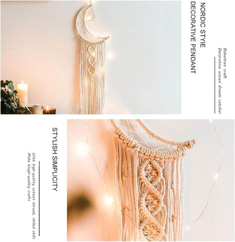 صائد الأحلام من قطعتين من JYHF لتزيين الغرفة، صائد أحلام ونجوم وقمر يدوي الصنع مع أضواء، معلّق على الحائط من القطن المنسوج البوهيمي لتزيين غرفة النوم المنزلية وحلية هدية in Kuwait