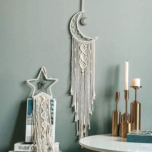 صائد الأحلام من قطعتين من JYHF لتزيين الغرفة، صائد أحلام ونجوم وقمر يدوي الصنع مع أضواء، معلّق على الحائط من القطن المنسوج البوهيمي لتزيين غرفة النوم المنزلية وحلية هدية in Kuwait