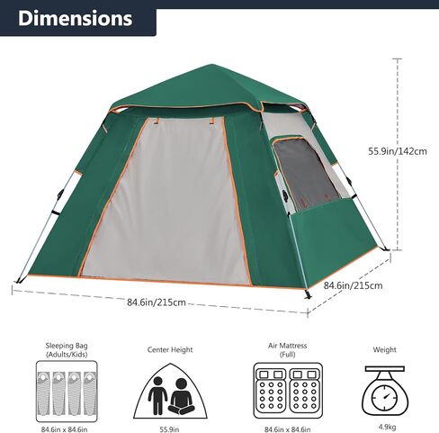 ABCCAMPING Camping Tent for 4 Person, Auto One Touch Tent Pop-Up Camping Tent，Family Dome Waterproof Backpacking Tent Easy Setup UV Cut Sun Shelter Tent in Kuwait