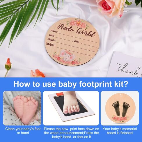 لافتة إعلان الطفل، لافتة إعلان خشبية لحديثي الولادة مع قلم تحديد ووسادة حبر لمطبوعات يد وأقدام الطفل، لافتة Hello World لحديثي الولادة للفتيات الصغيرات in Kuwait