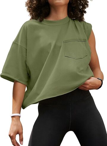 تي شيرت نسائي كبير الحجم من ATHMILE بأكمام قصيرة تي شيرت قصير للتمرين بكتف منسدل غير رسمي بحاشية دوارة أساسية فضفاضة in Kuwait