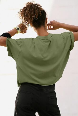 تي شيرت نسائي كبير الحجم من ATHMILE بأكمام قصيرة تي شيرت قصير للتمرين بكتف منسدل غير رسمي بحاشية دوارة أساسية فضفاضة in Kuwait