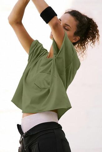 تي شيرت نسائي كبير الحجم من ATHMILE بأكمام قصيرة تي شيرت قصير للتمرين بكتف منسدل غير رسمي بحاشية دوارة أساسية فضفاضة in Kuwait